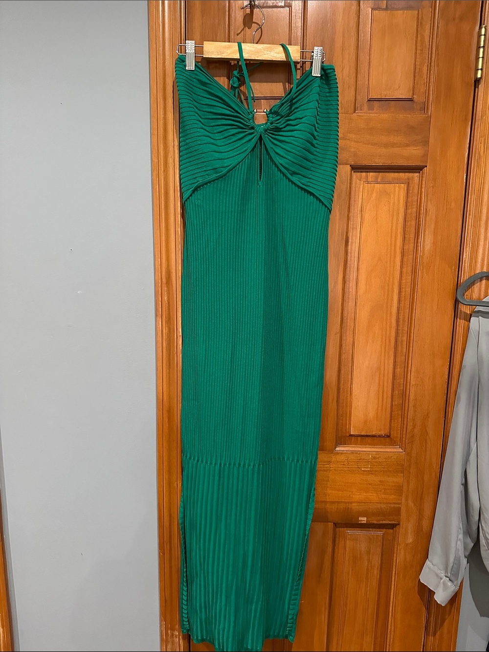 Green Ribbed Maxi Dress with Twist Front